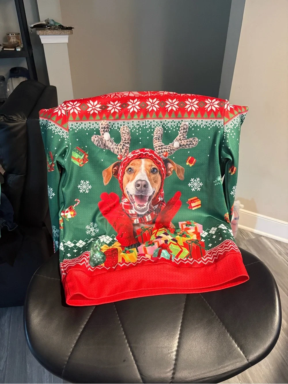 Abrand Green & Red Holiday Dog Throw with Reindeer Pup Design